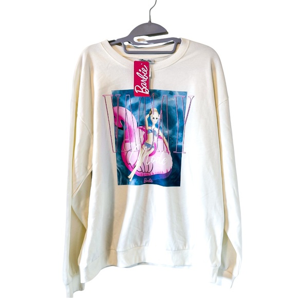 BARBIE | Pink and Cream Vacay Graphic Hoodie Relaxed Fit Crewneck | Large - Picture 1 of 5